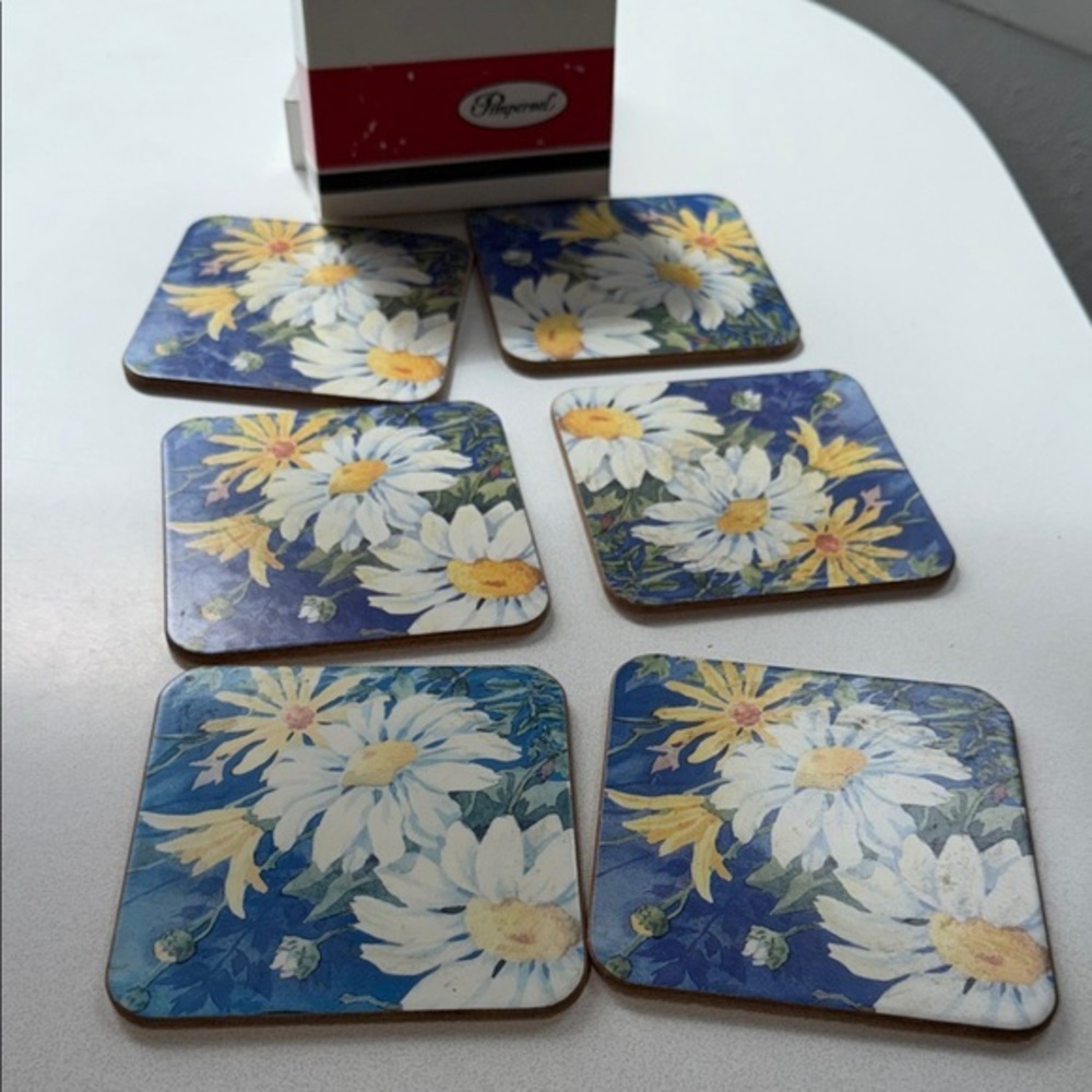 Vintage Daisy Field Pimpernel Blue and Yellow Floral Coasters
